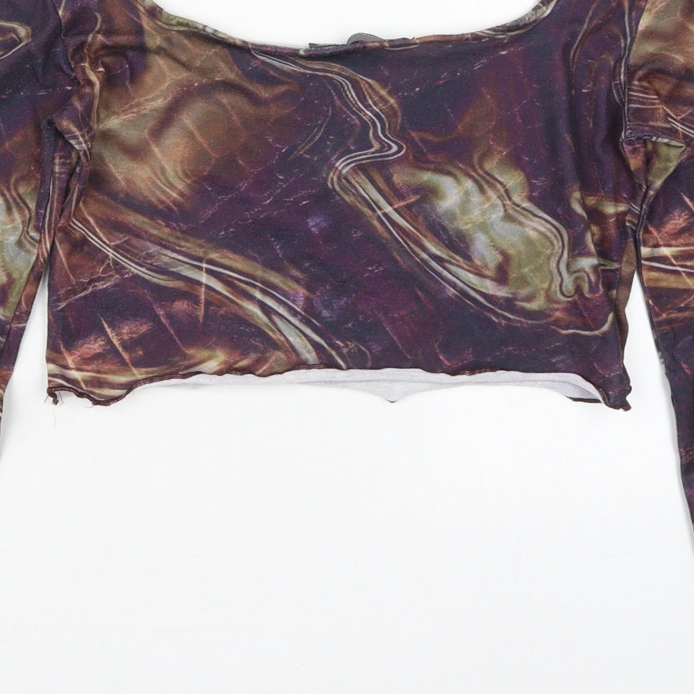 PRETTYLITTLETHING Womens Purple  Polyester Cropped T-Shirt Size 8 Square Neck - Marble Print