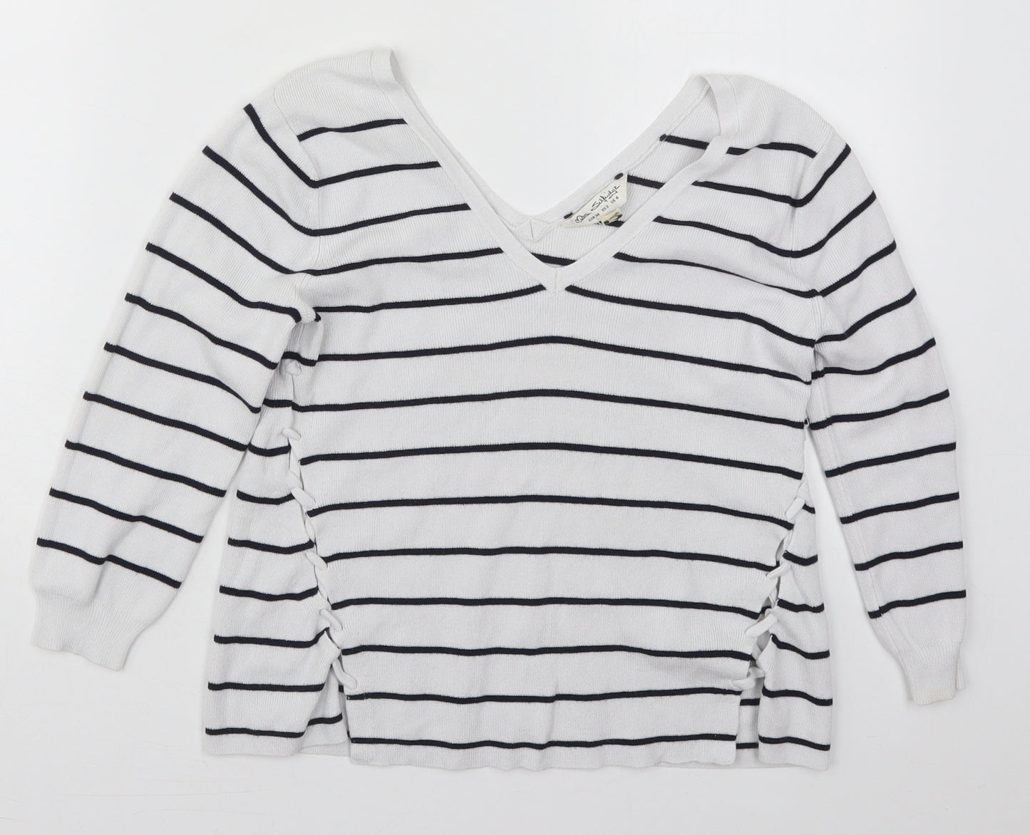 Miss Selfridge Womens White V-Neck Striped Viscose Pullover Jumper Size 6