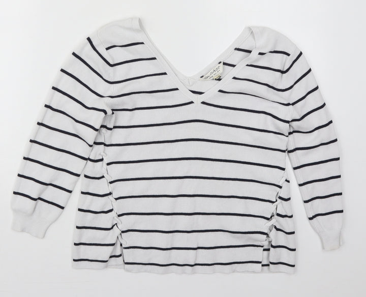 Miss Selfridge Womens White V-Neck Striped Viscose Pullover Jumper Size 6
