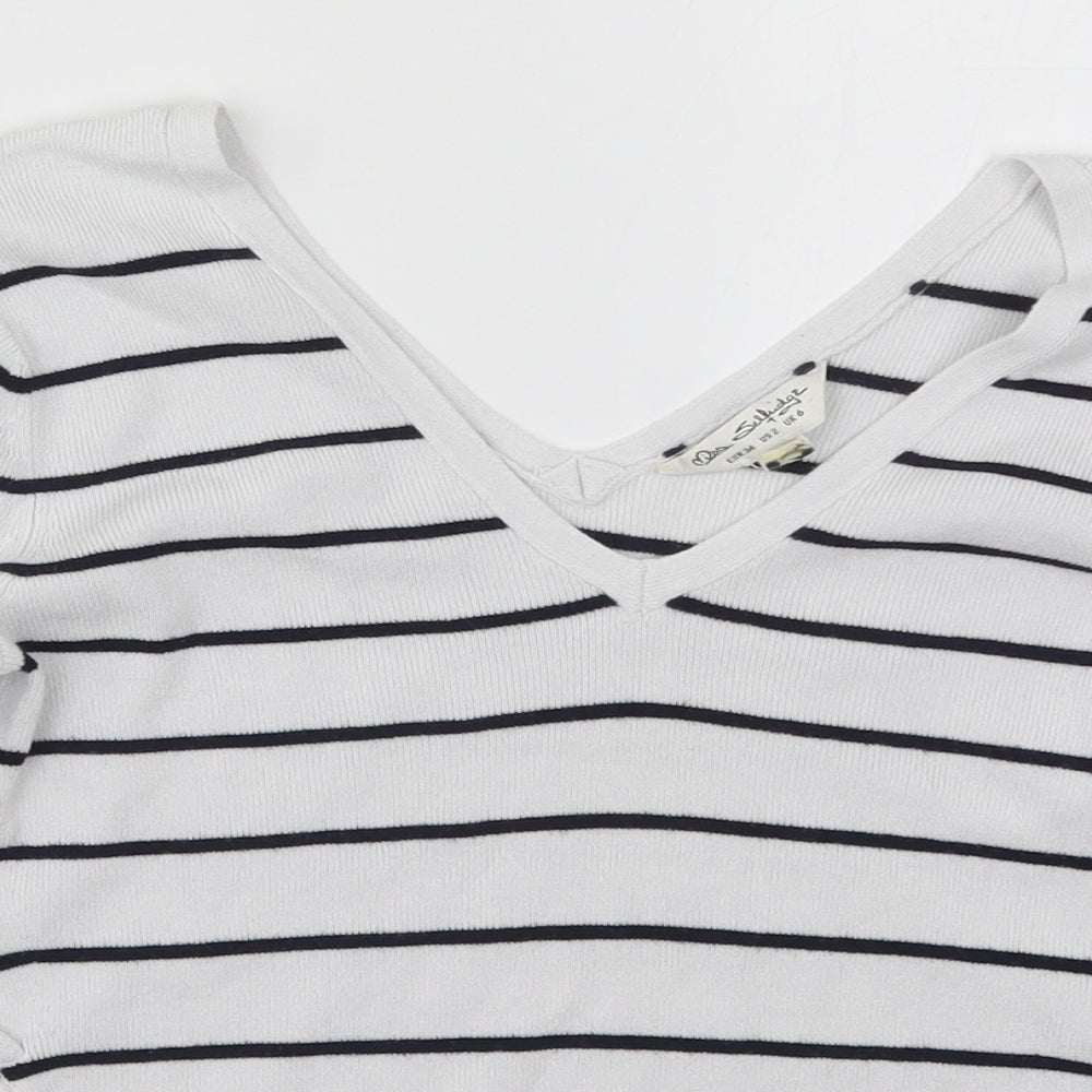 Miss Selfridge Womens White V-Neck Striped Viscose Pullover Jumper Size 6