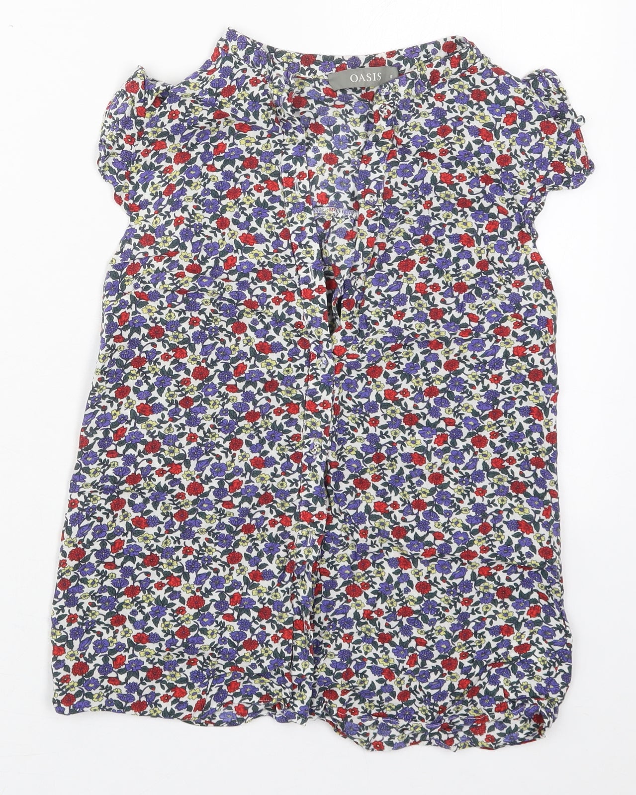 Oasis Womens Blue Floral Viscose Basic Button-Up Size 8 V-Neck