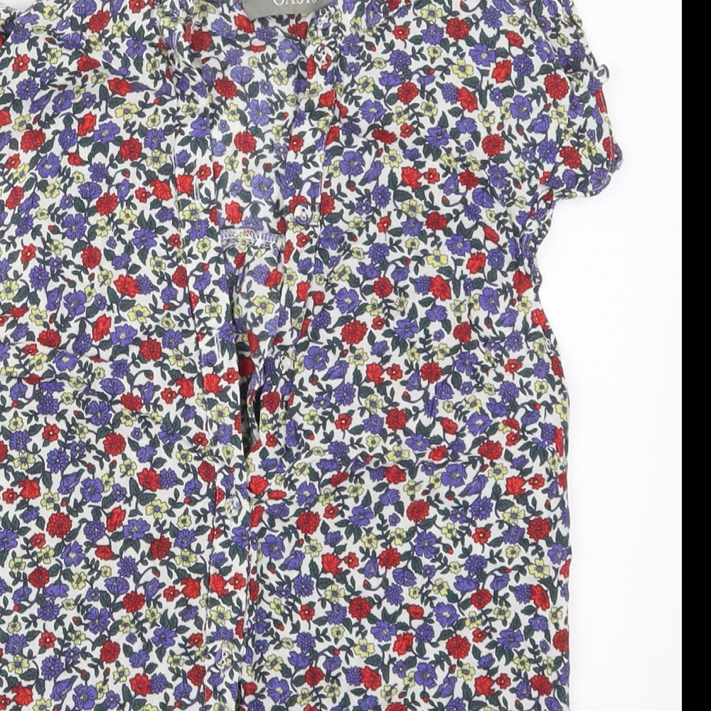 Oasis Womens Blue Floral Viscose Basic Button-Up Size 8 V-Neck