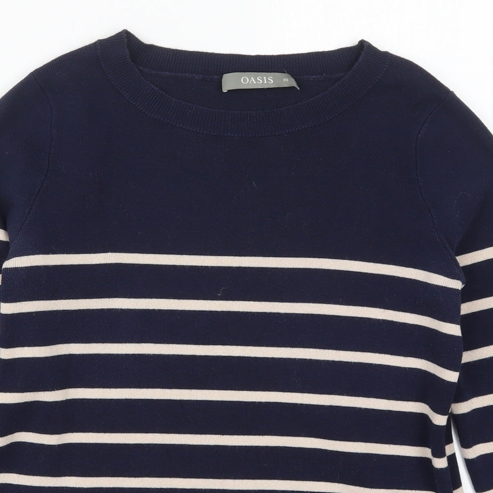 Oasis Womens Blue Crew Neck Striped Cotton Pullover Jumper Size XS
