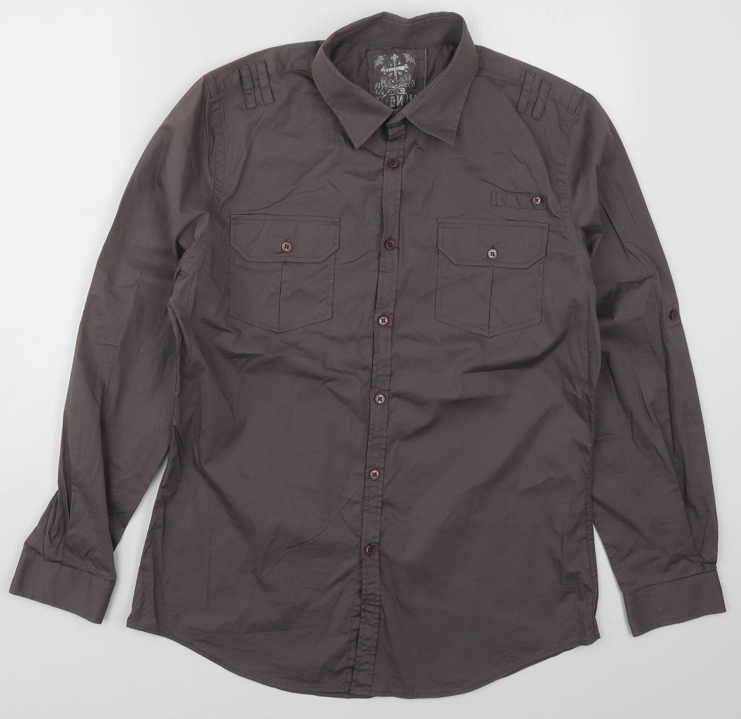 Preworn Mens Grey  Cotton  Button-Up Size L Collared Button