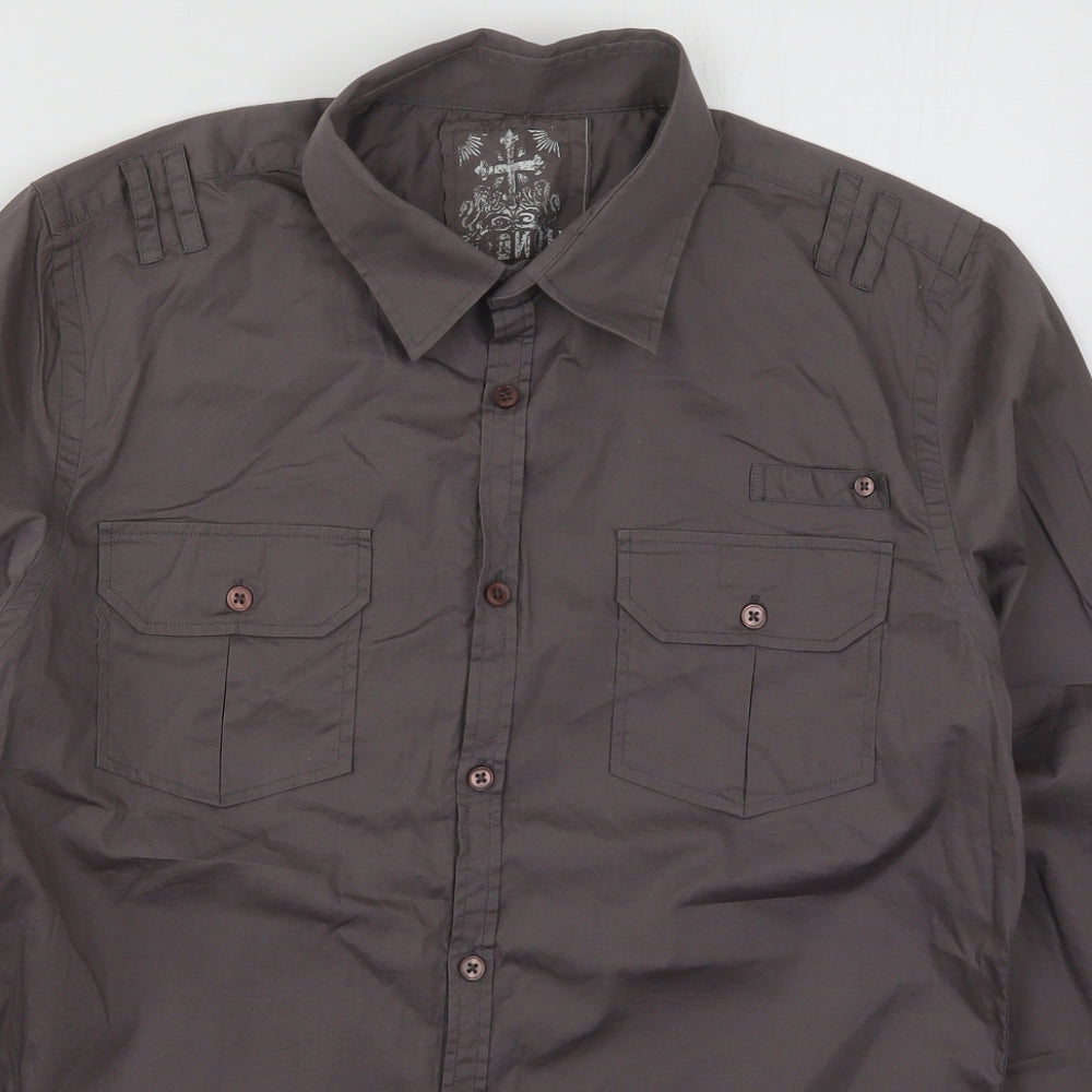 Preworn Mens Grey  Cotton  Button-Up Size L Collared Button