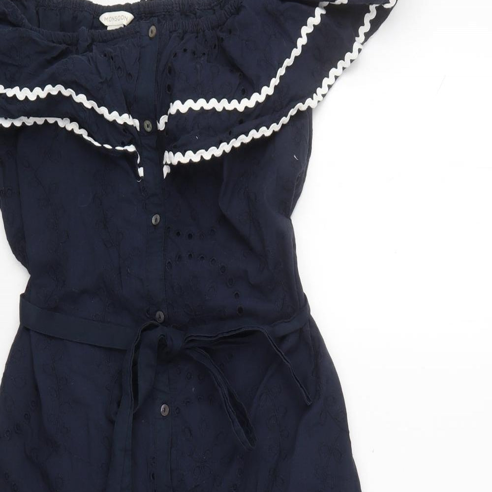 Monsoon Womens Blue  Cotton A-Line  Size 12  Off the Shoulder Button
