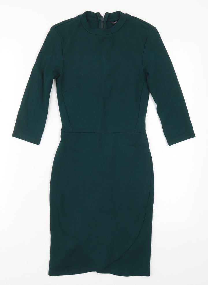 Topshop Womens Green  Viscose Pencil Dress  Size 4  Crew Neck Zip