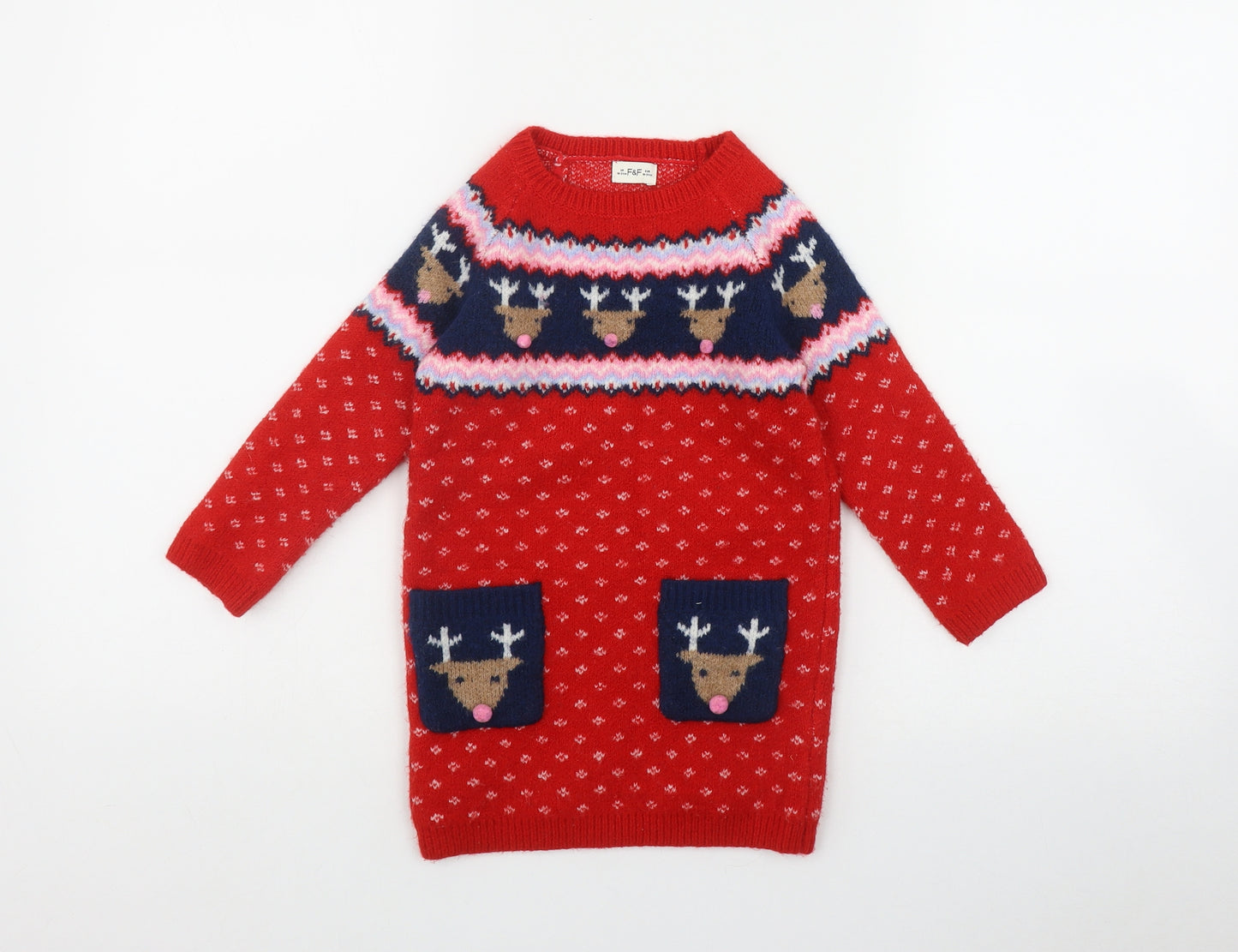 F&F Girls Red Fair Isle Polyester Jumper Dress  Size 18-24 Months  Round Neck  - Christmas
