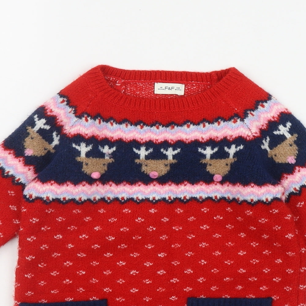 F&F Girls Red Fair Isle Polyester Jumper Dress  Size 18-24 Months  Round Neck  - Christmas