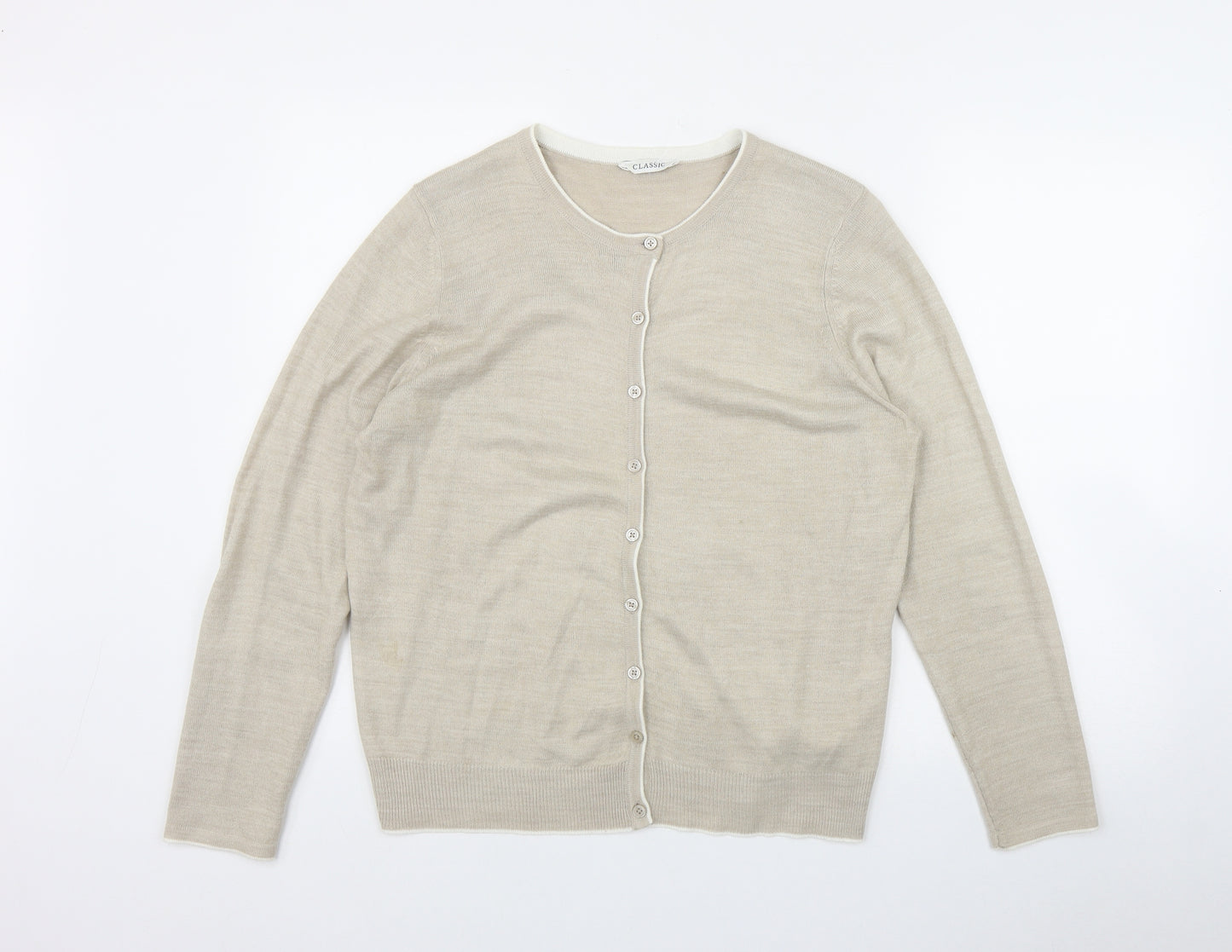 Classic Womens Beige Round Neck  Acrylic Cardigan Jumper Size 14