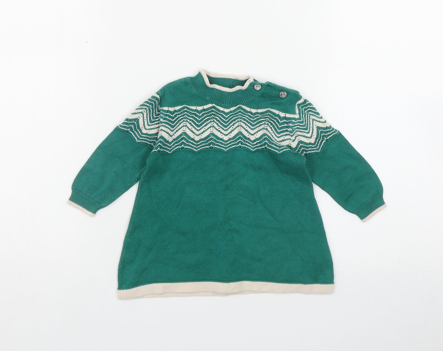 NEXT Girls Green  Cotton Jumper Dress  Size 3-6 Months  Round Neck Button