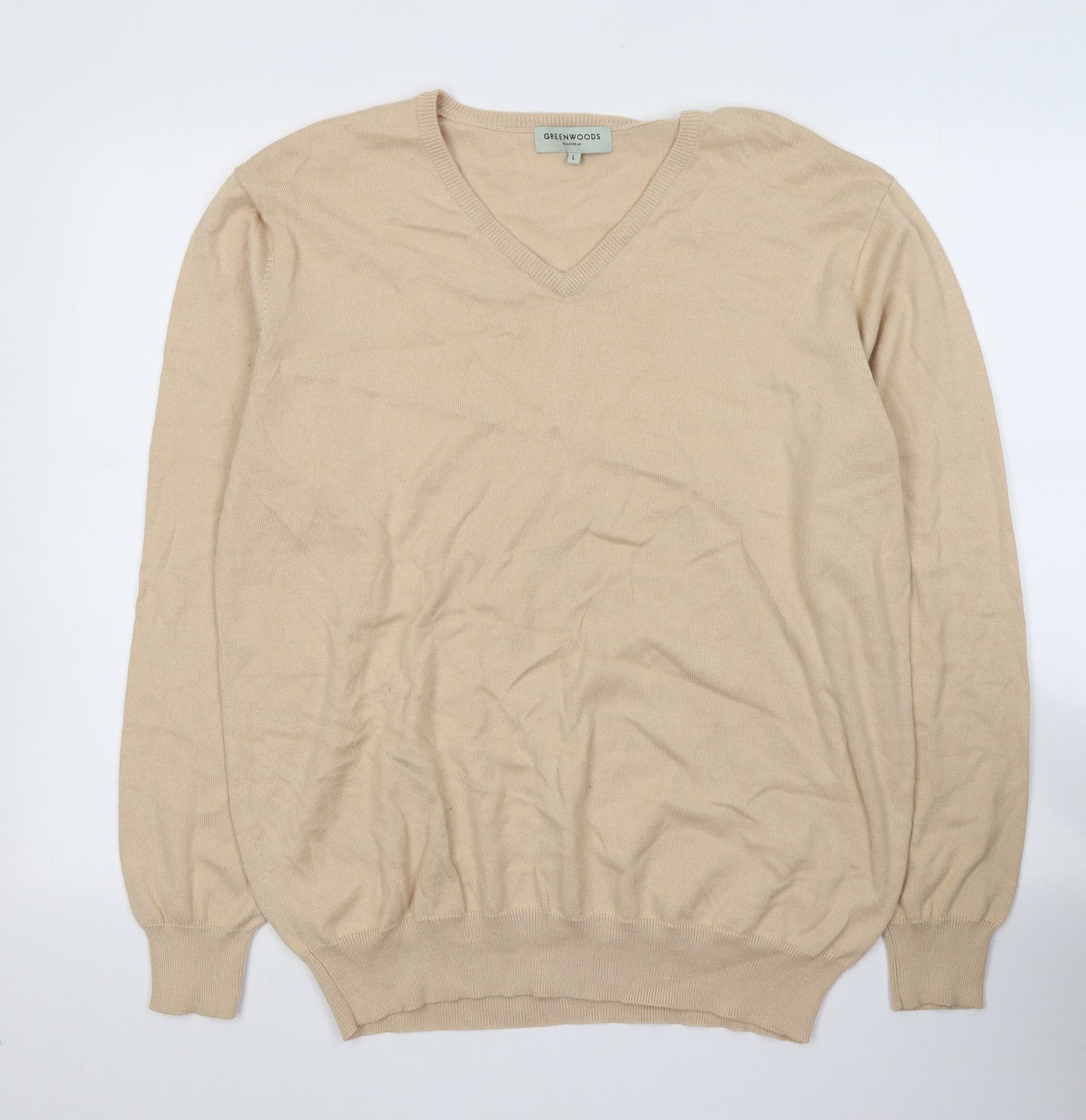 Greenwoods Mens Beige V-Neck  Cotton Pullover Jumper Size L