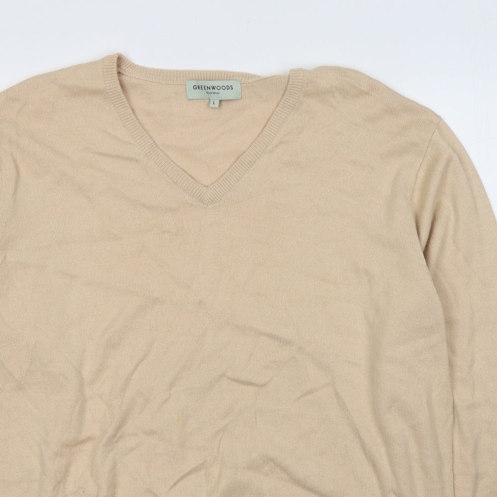 Greenwoods Mens Beige V-Neck  Cotton Pullover Jumper Size L