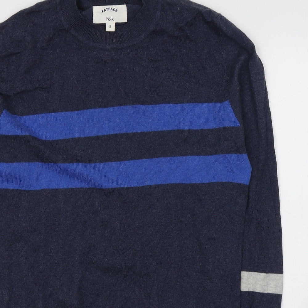 Fat Face Mens Blue Round Neck Striped Cotton Pullover Jumper Size S