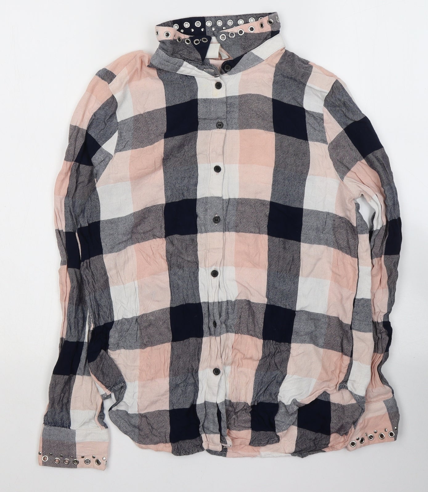 H&M Womens Multicoloured Plaid Viscose Jersey Button-Up Size 8 Collared