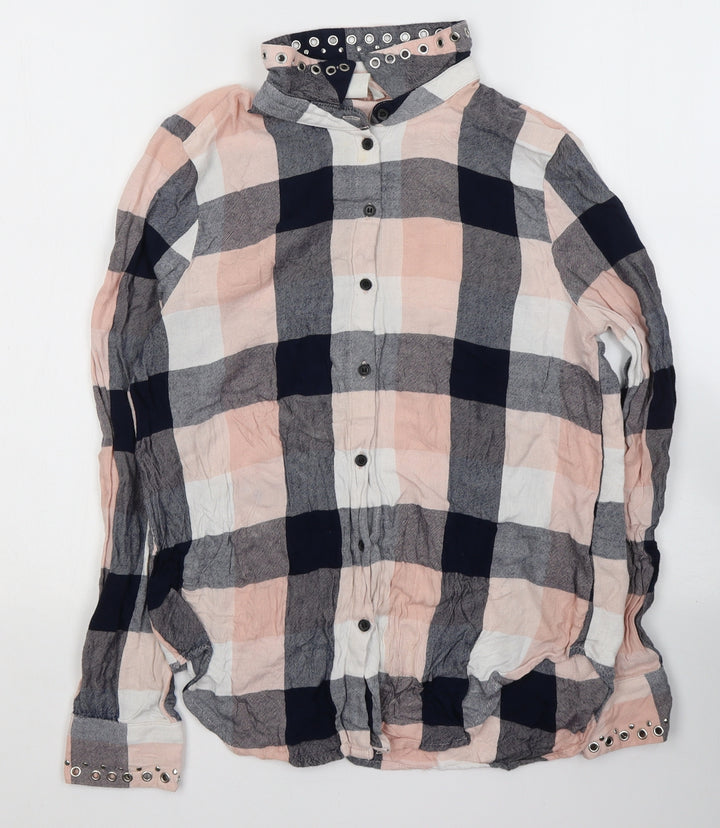 H&M Womens Multicoloured Plaid Viscose Jersey Button-Up Size 8 Collared