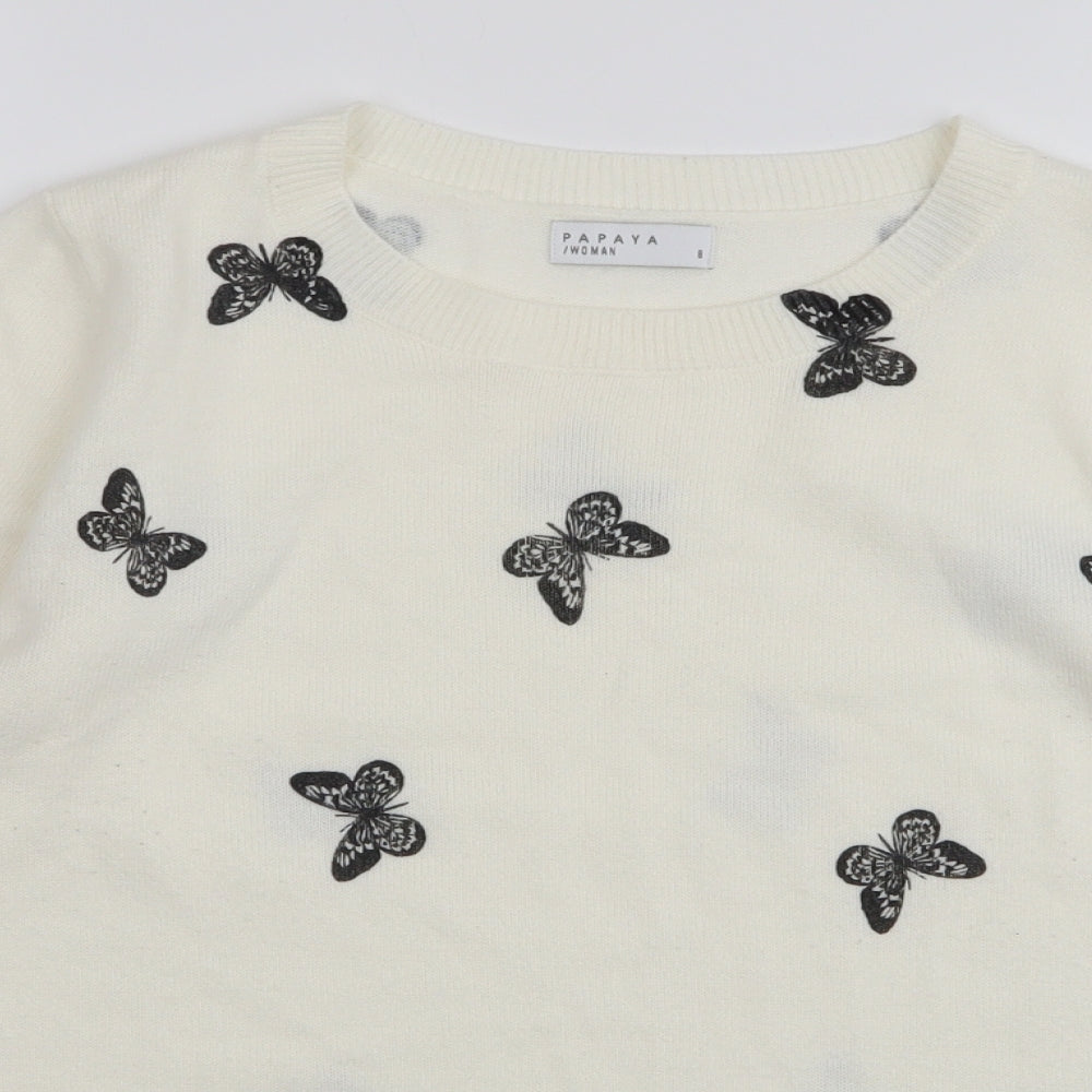 Papaya Womens White Round Neck  Acrylic Pullover Jumper Size 8   - Butterfly