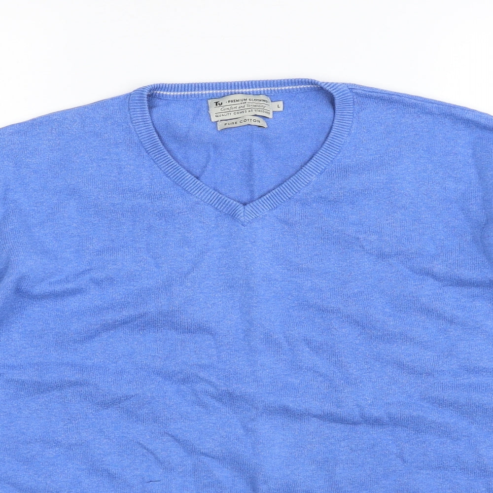 TU Mens Blue V-Neck  Cotton Pullover Jumper Size L