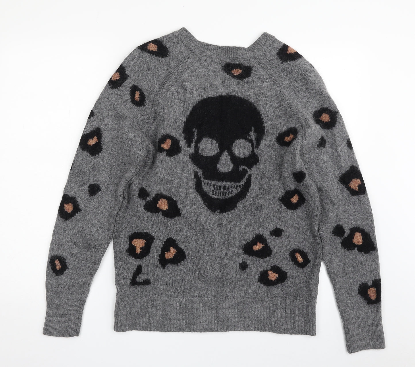 sKULL Womens Grey V-Neck Animal Print Wool Pullover Jumper Size L   - Skull