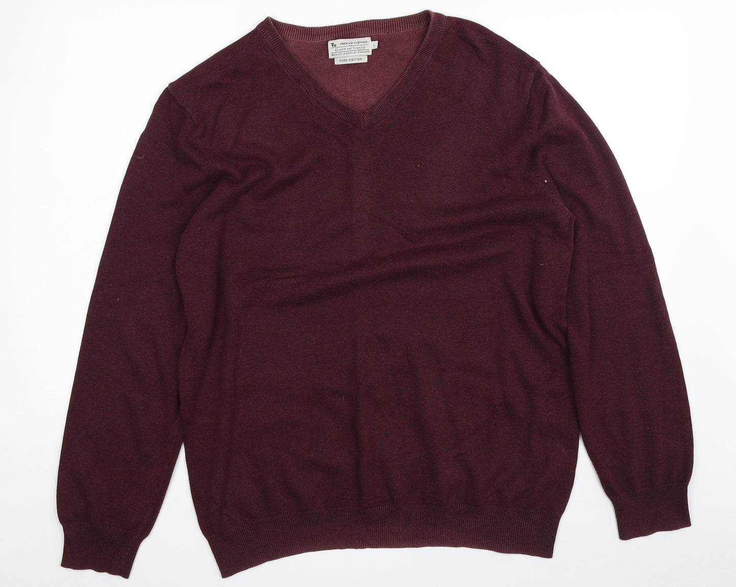 TU Mens Purple V-Neck  Cotton Pullover Jumper Size L