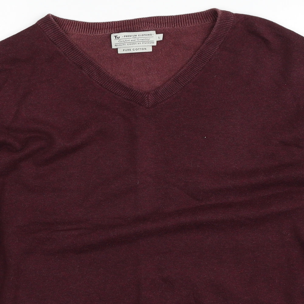 TU Mens Purple V-Neck  Cotton Pullover Jumper Size L