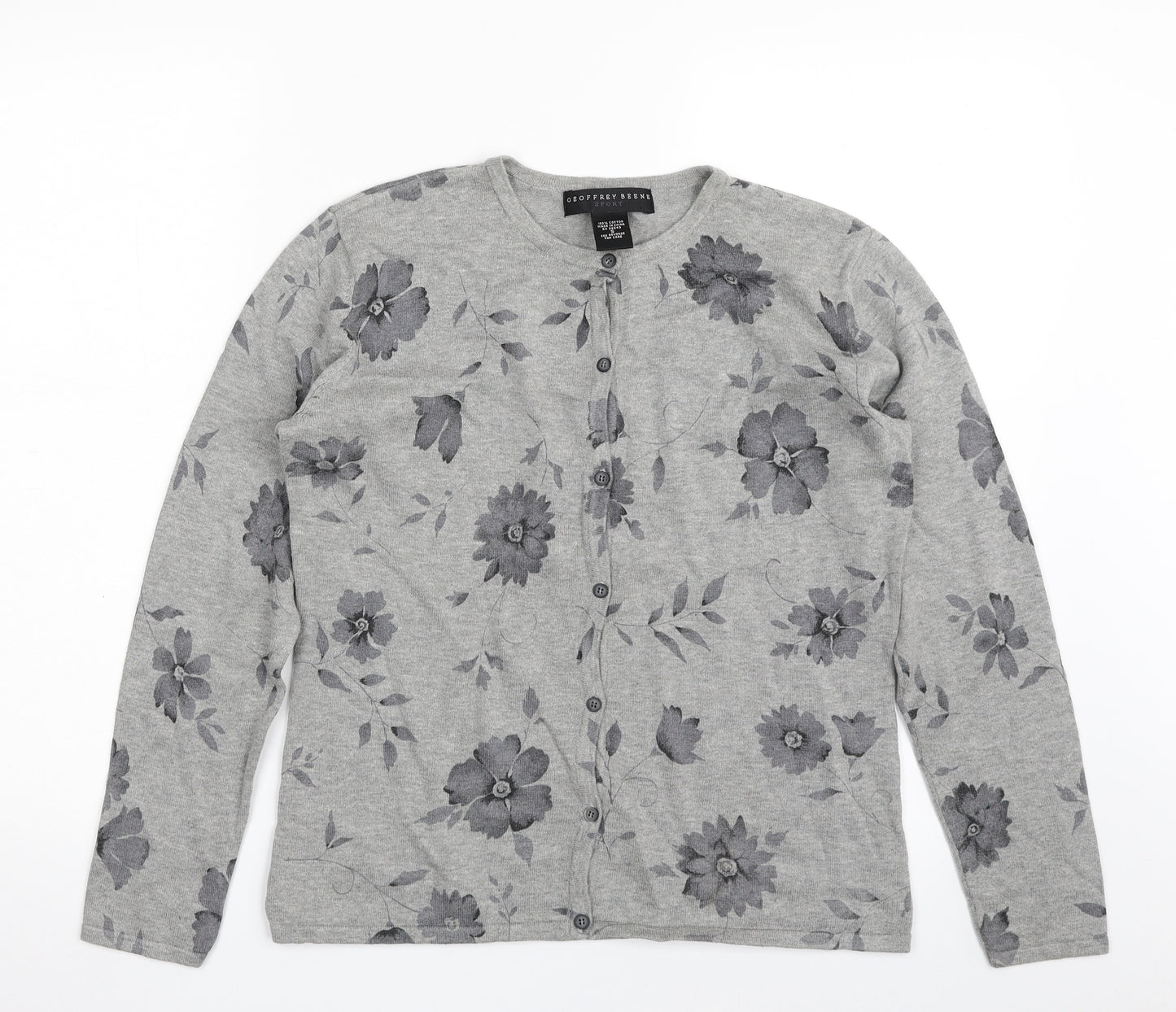 Geoffrey Beene Womens Grey Crew Neck Floral 100% Cotton Cardigan Jumper Size S