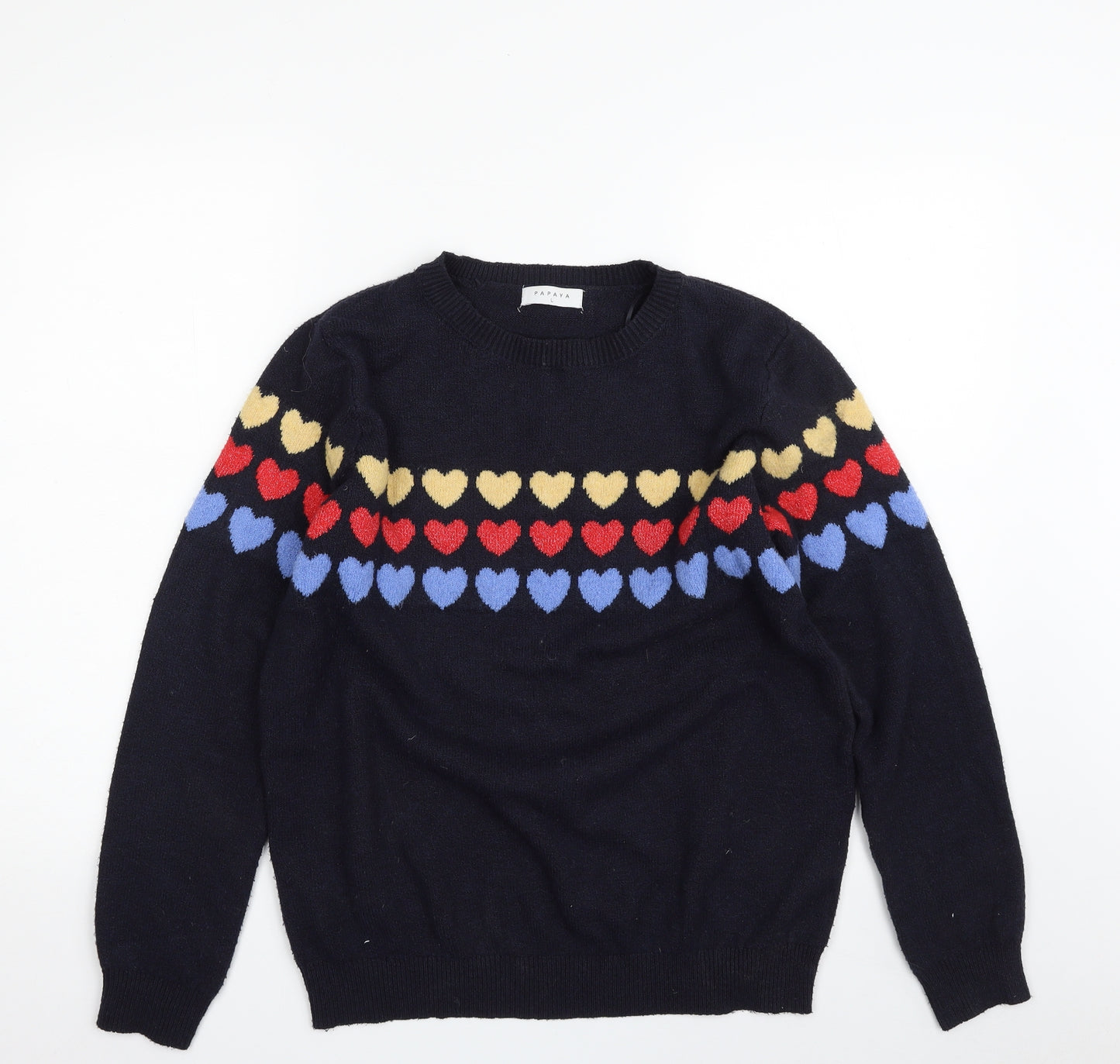 Papaya Womens Blue Crew Neck Geometric Acrylic Pullover Jumper Size L