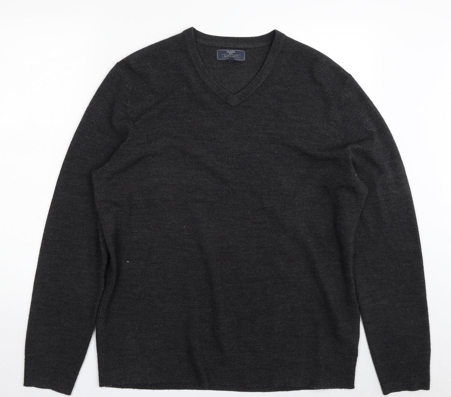 Atlantic Bay Mens Grey V-Neck  Acrylic Pullover Jumper Size L   - Super Soft