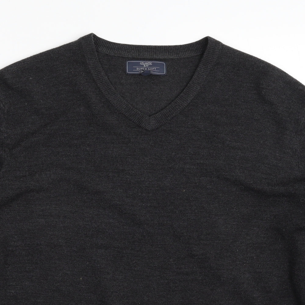 Atlantic Bay Mens Grey V-Neck  Acrylic Pullover Jumper Size L   - Super Soft