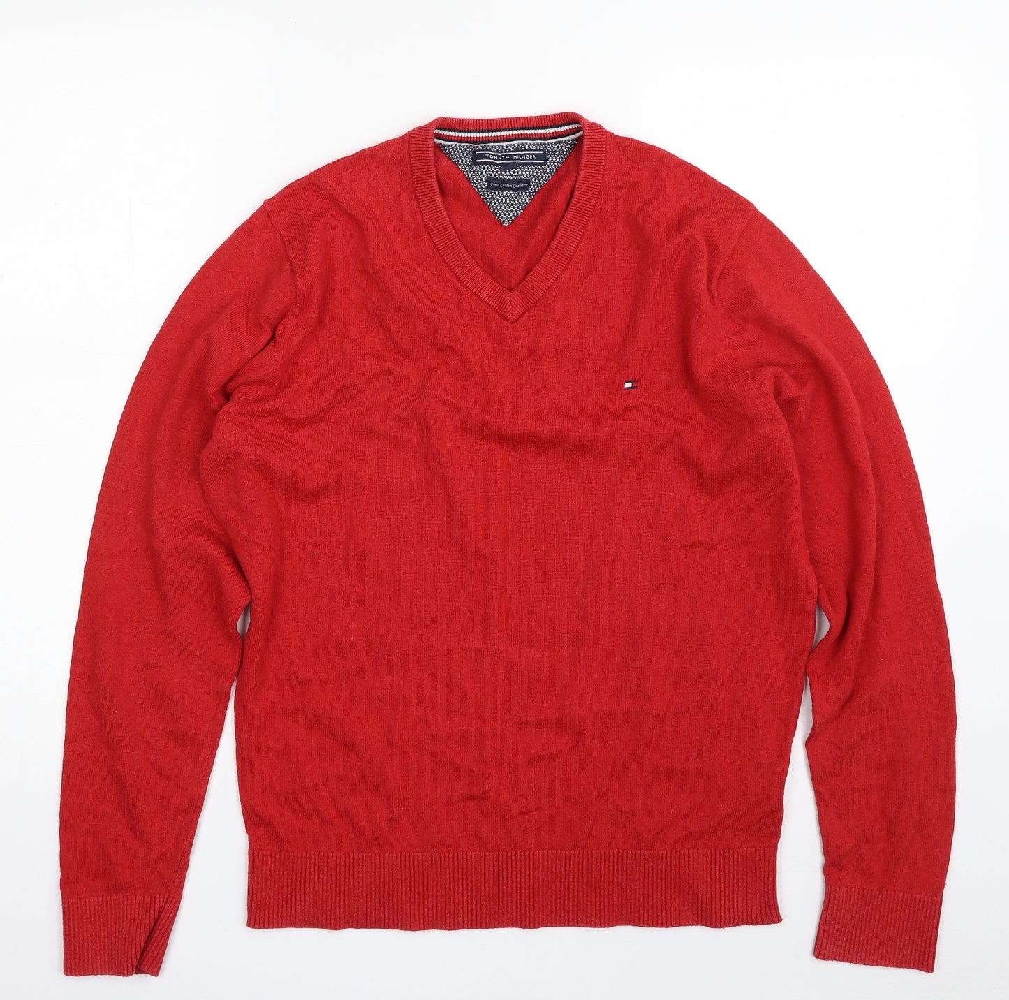 Tommy Hilfiger Mens Red V-Neck  Cotton Pullover Jumper Size M