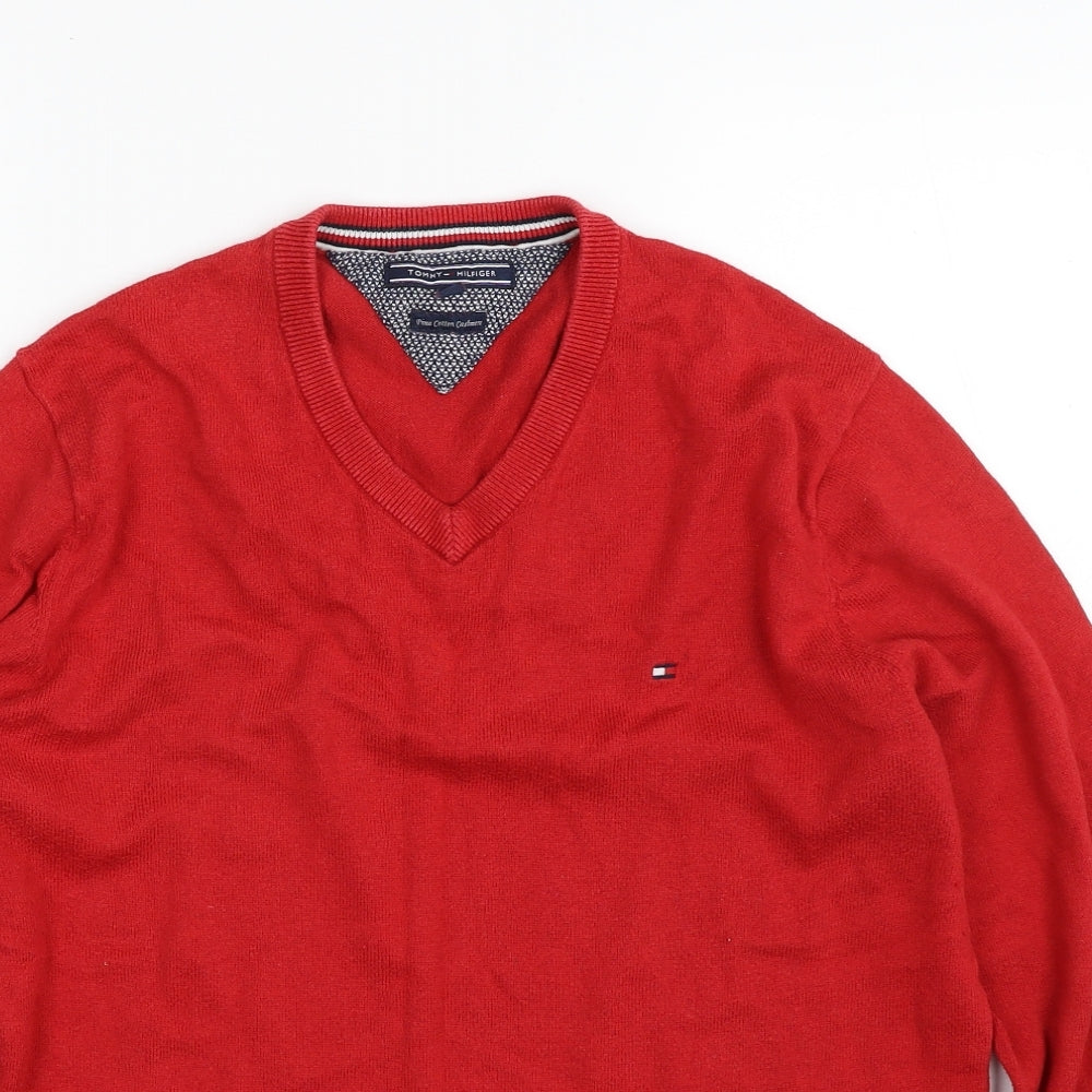 Tommy Hilfiger Mens Red V-Neck  Cotton Pullover Jumper Size M