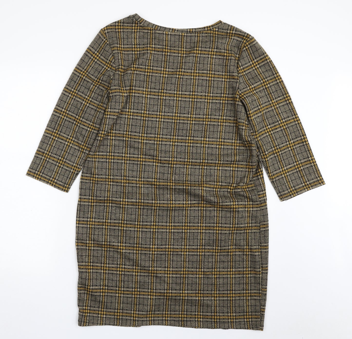 TU Womens Yellow Plaid Polyester Shift  Size 14  Boat Neck Pullover