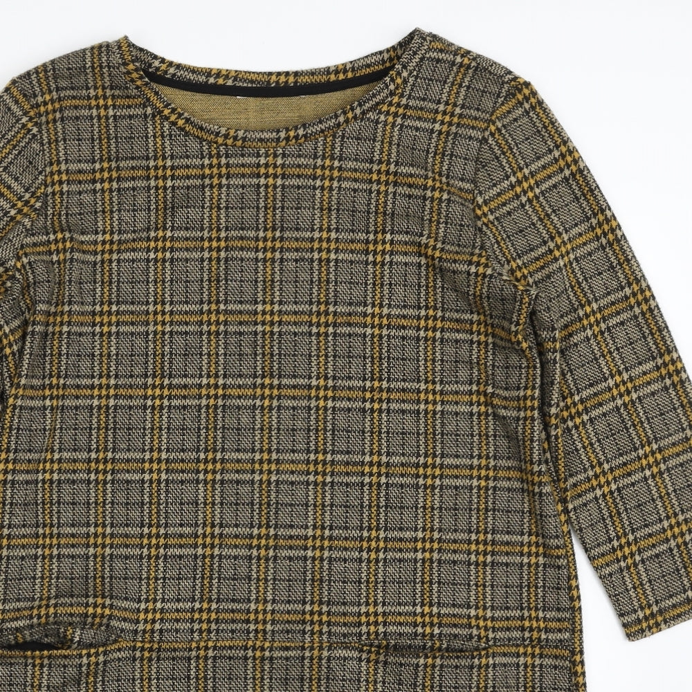 TU Womens Yellow Plaid Polyester Shift  Size 14  Boat Neck Pullover