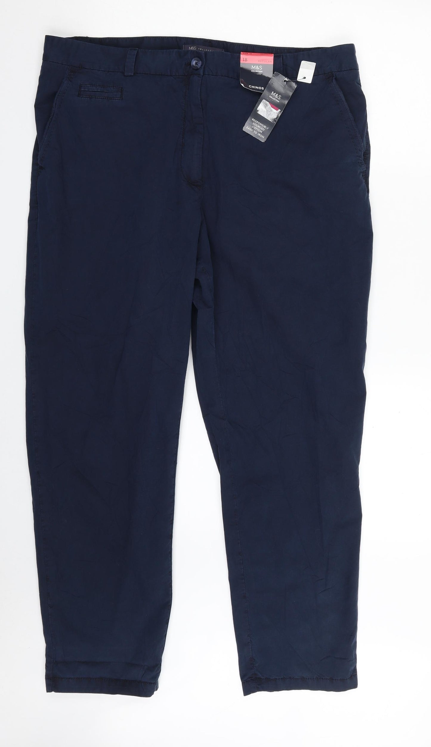 Marks and Spencer Womens Blue  Cotton Chino Trousers Size 18 L27 in Regular Zip