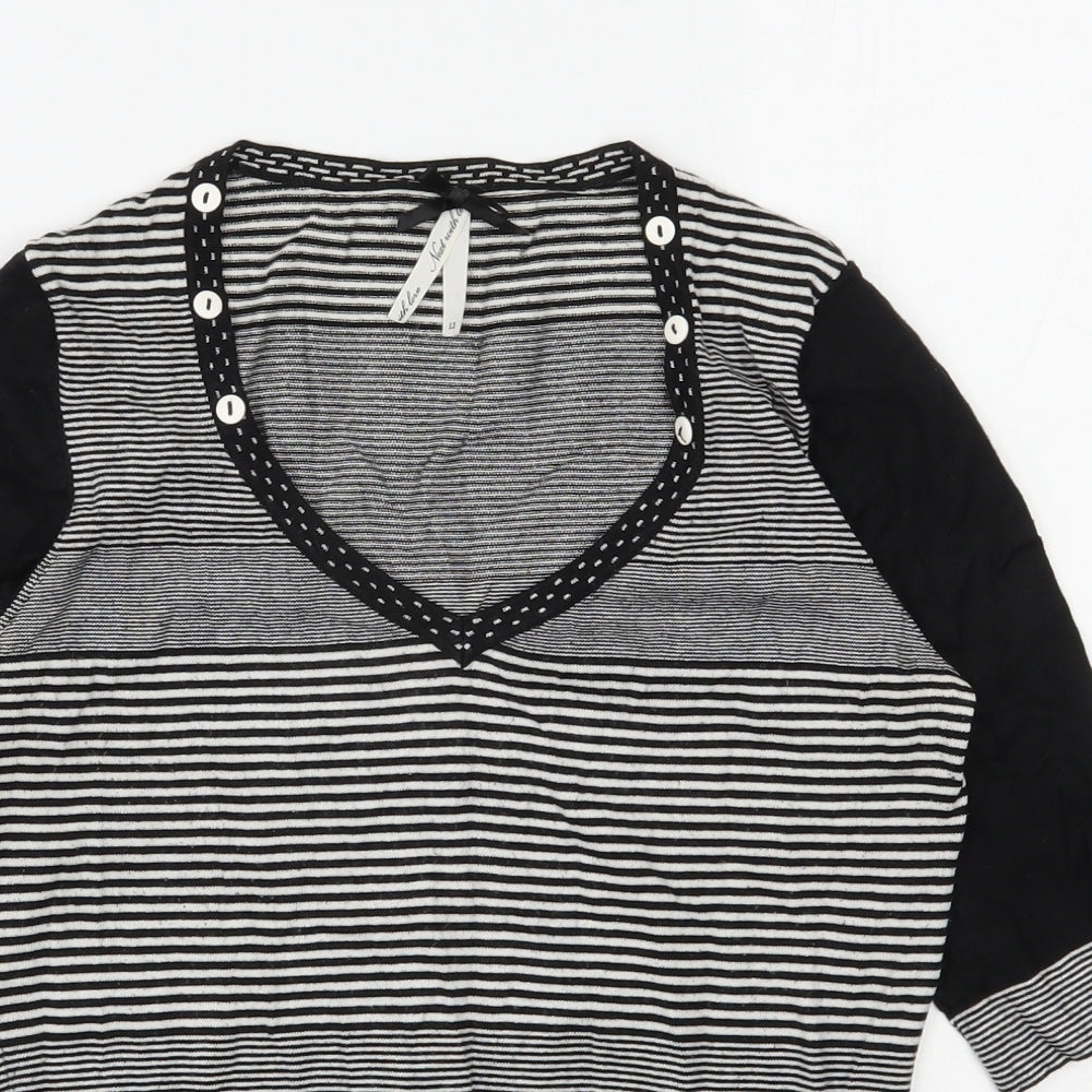 NEXT Womens Black V-Neck Striped Viscose Pullover Jumper Size 12