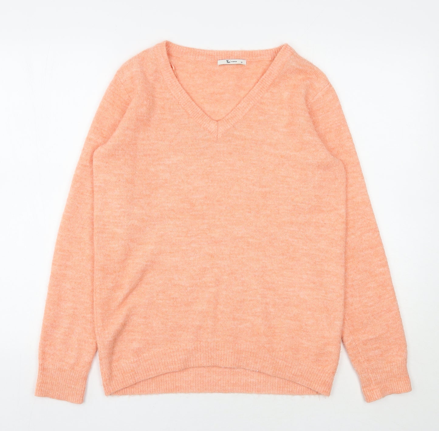 TU Womens Orange V-Neck  Acrylic Pullover Jumper Size 10