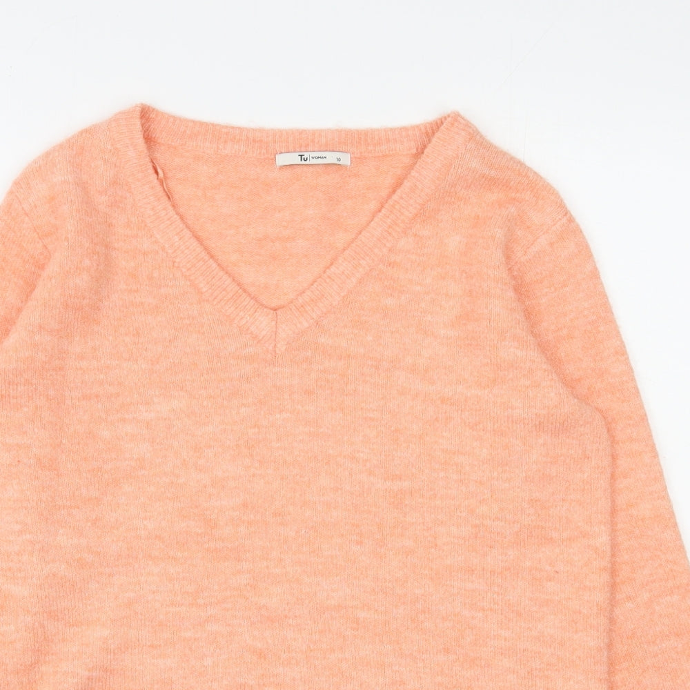 TU Womens Orange V-Neck  Acrylic Pullover Jumper Size 10