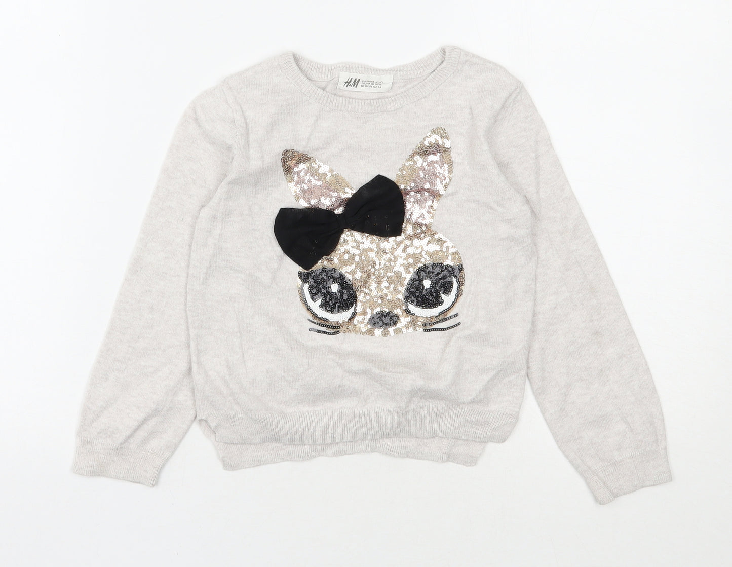 H&M Girls Beige Round Neck  Cotton Henley Jumper Size 3-4 Years  Pullover