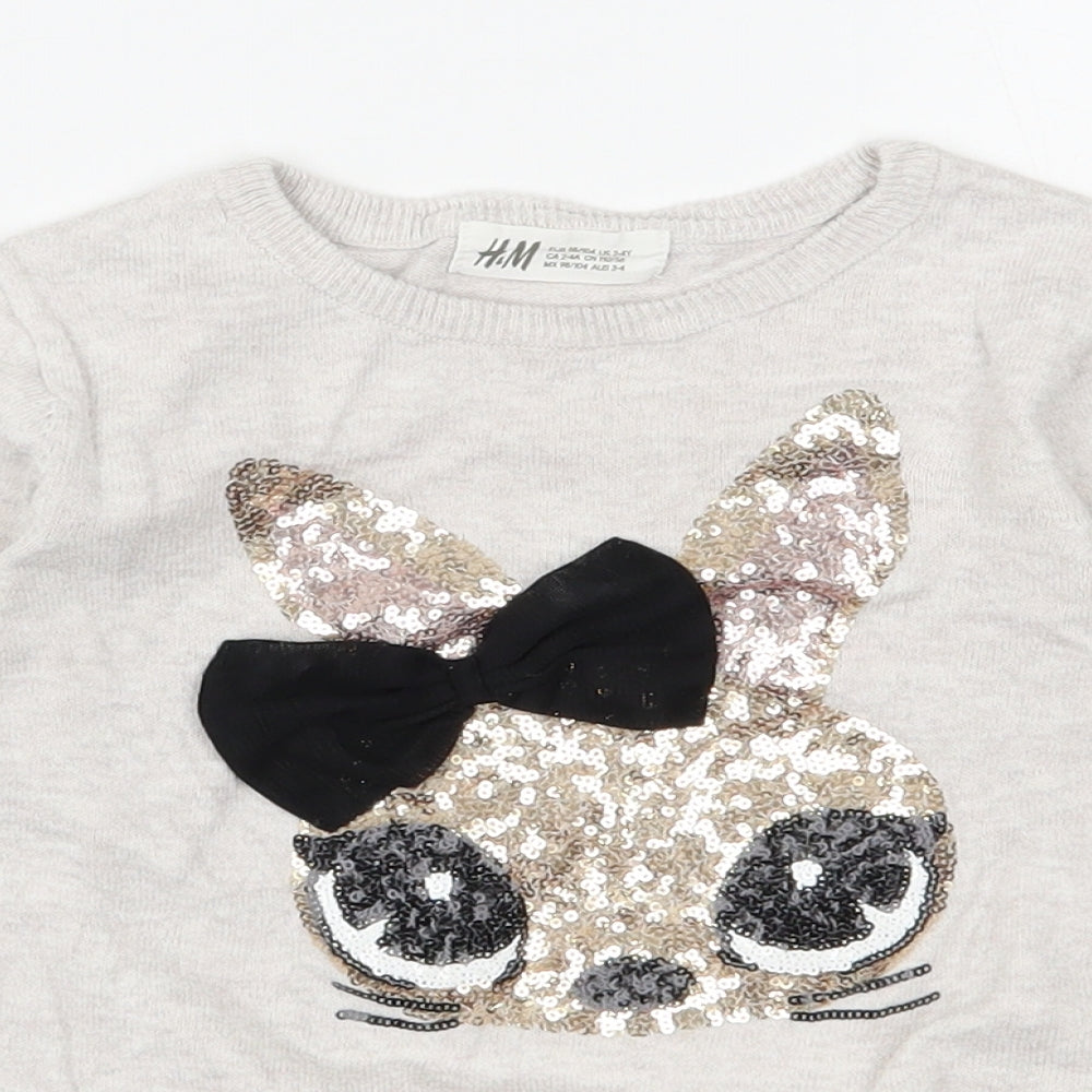 H&M Girls Beige Round Neck  Cotton Henley Jumper Size 3-4 Years  Pullover