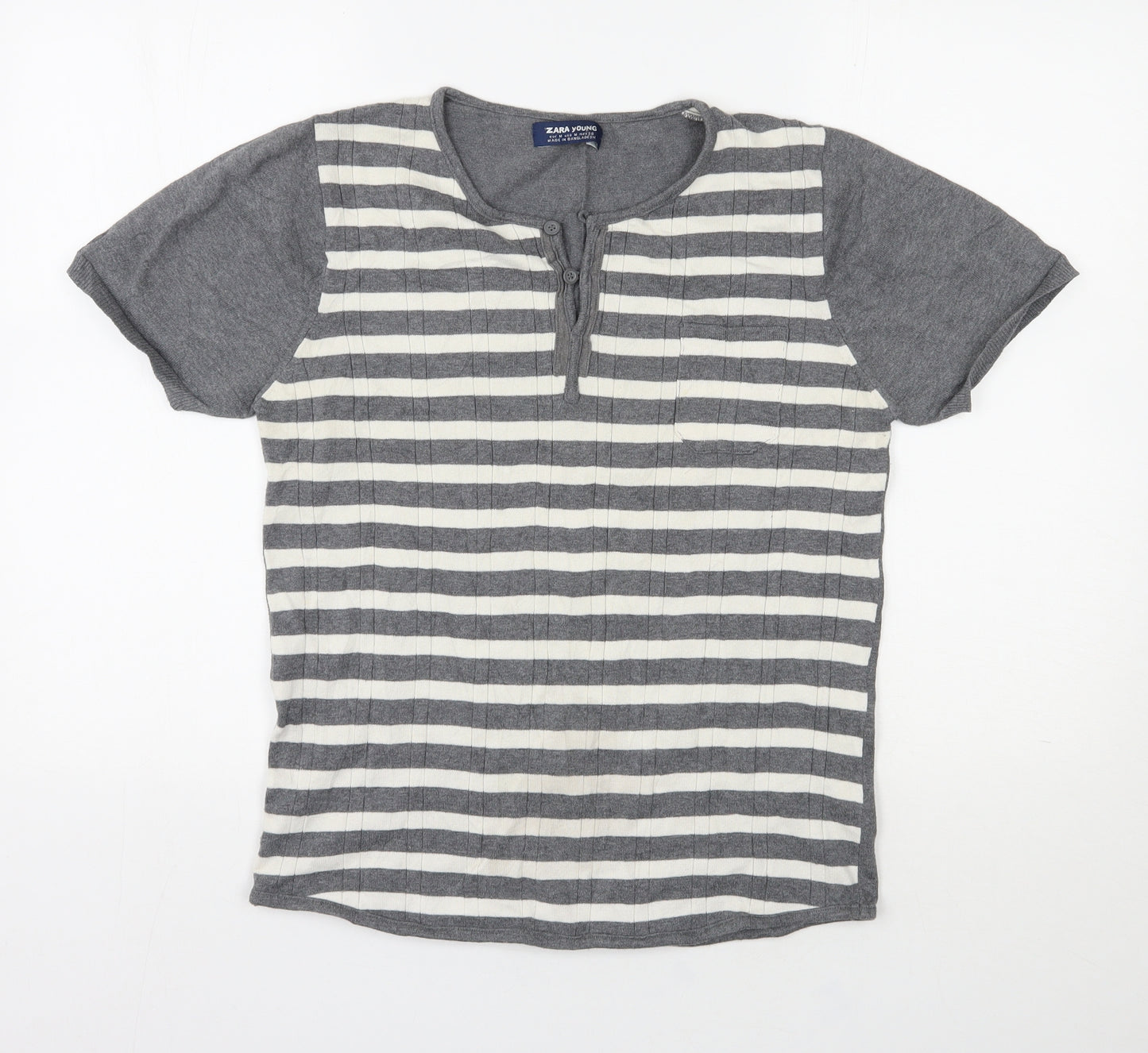 Zara Mens Grey Striped Cotton  T-Shirt Size M Henley
