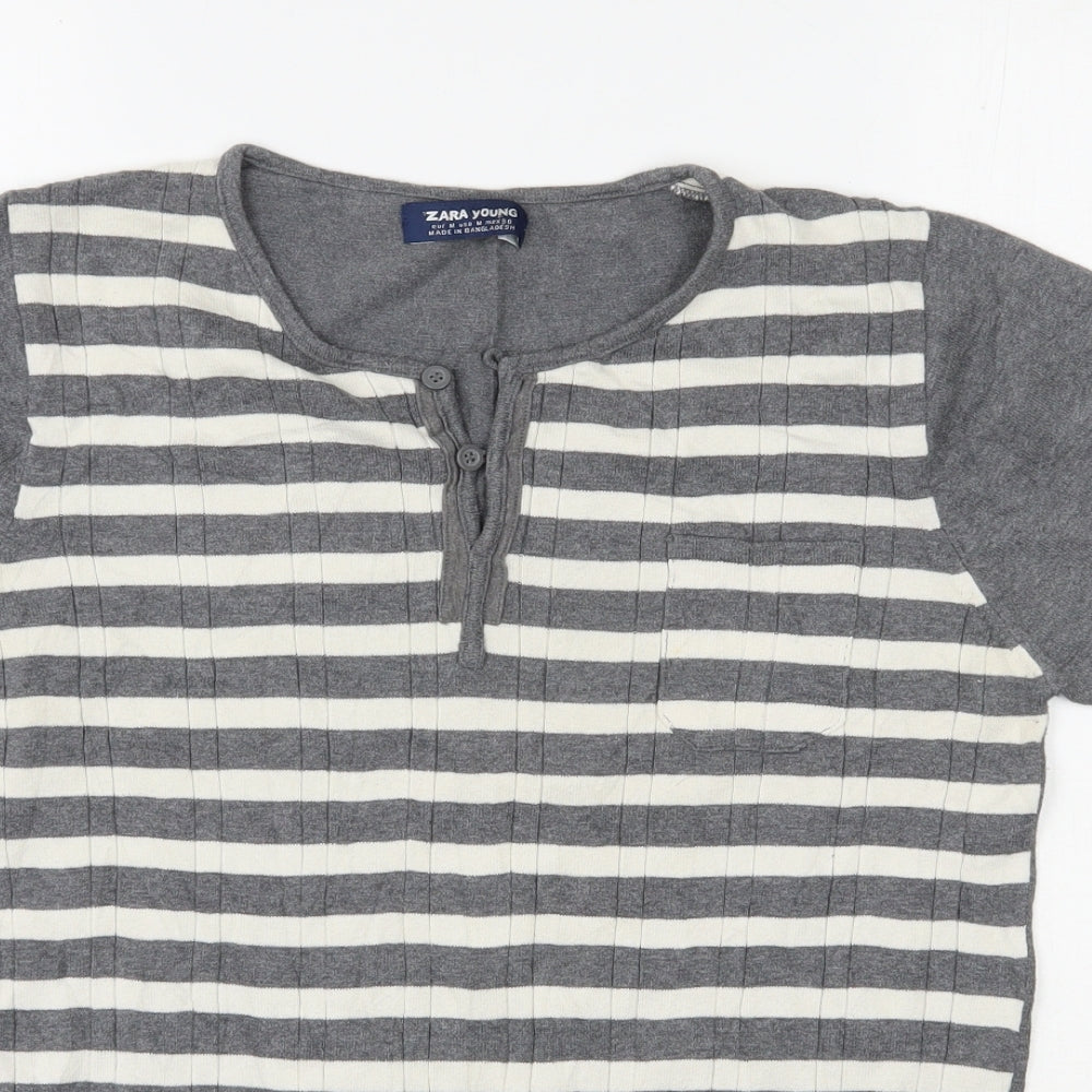 Zara Mens Grey Striped Cotton  T-Shirt Size M Henley