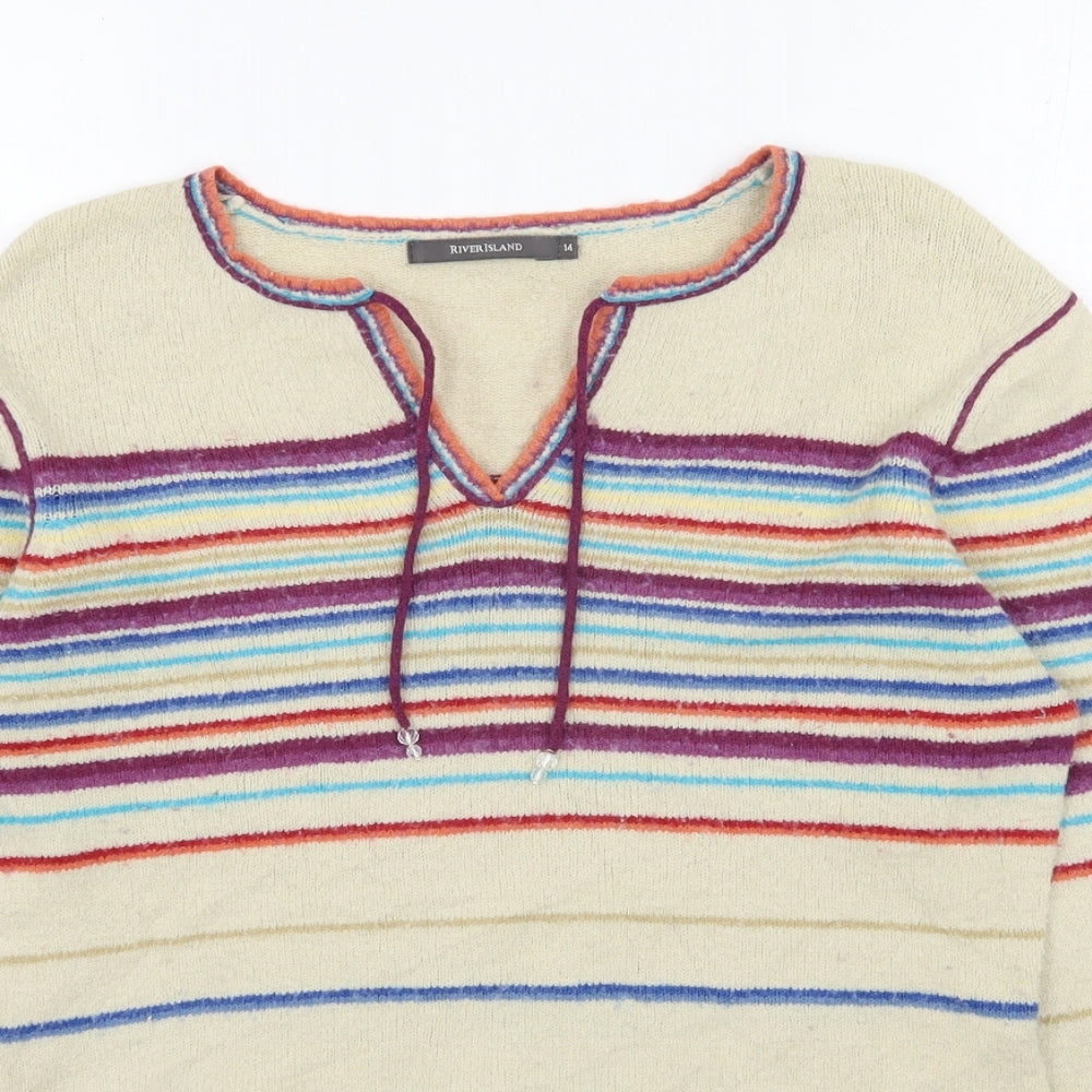 River Island Womens Multicoloured V-Neck Striped Acrylic Pullover Jumper Size 14