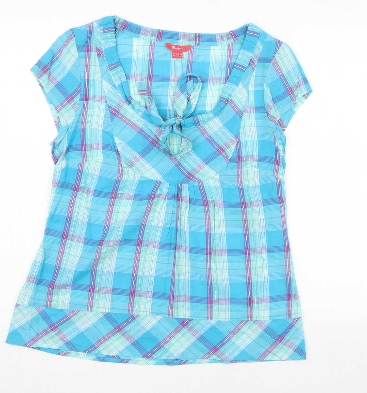 Monsoon Womens Blue Check Cotton Basic Blouse Size 12 Scoop Neck