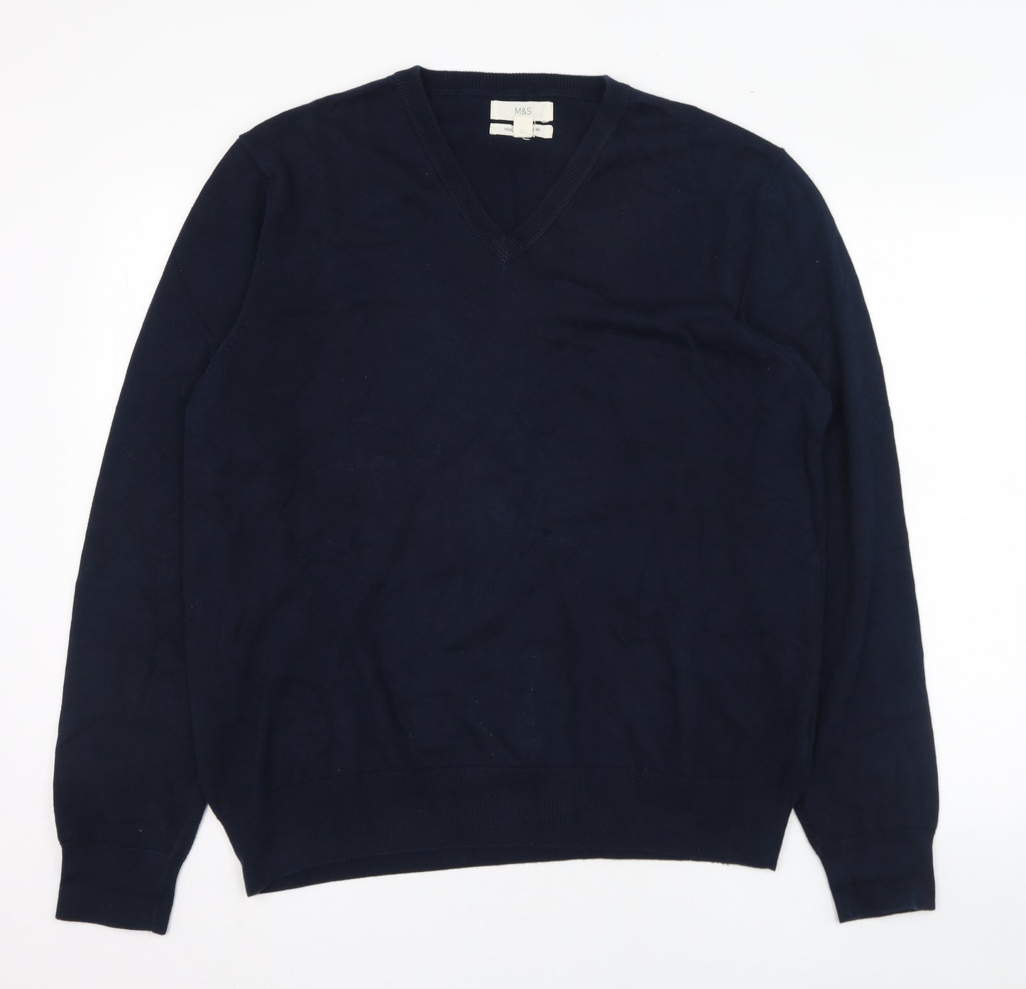 Marks and Spencer Mens Blue V-Neck  Cotton Pullover Jumper Size L