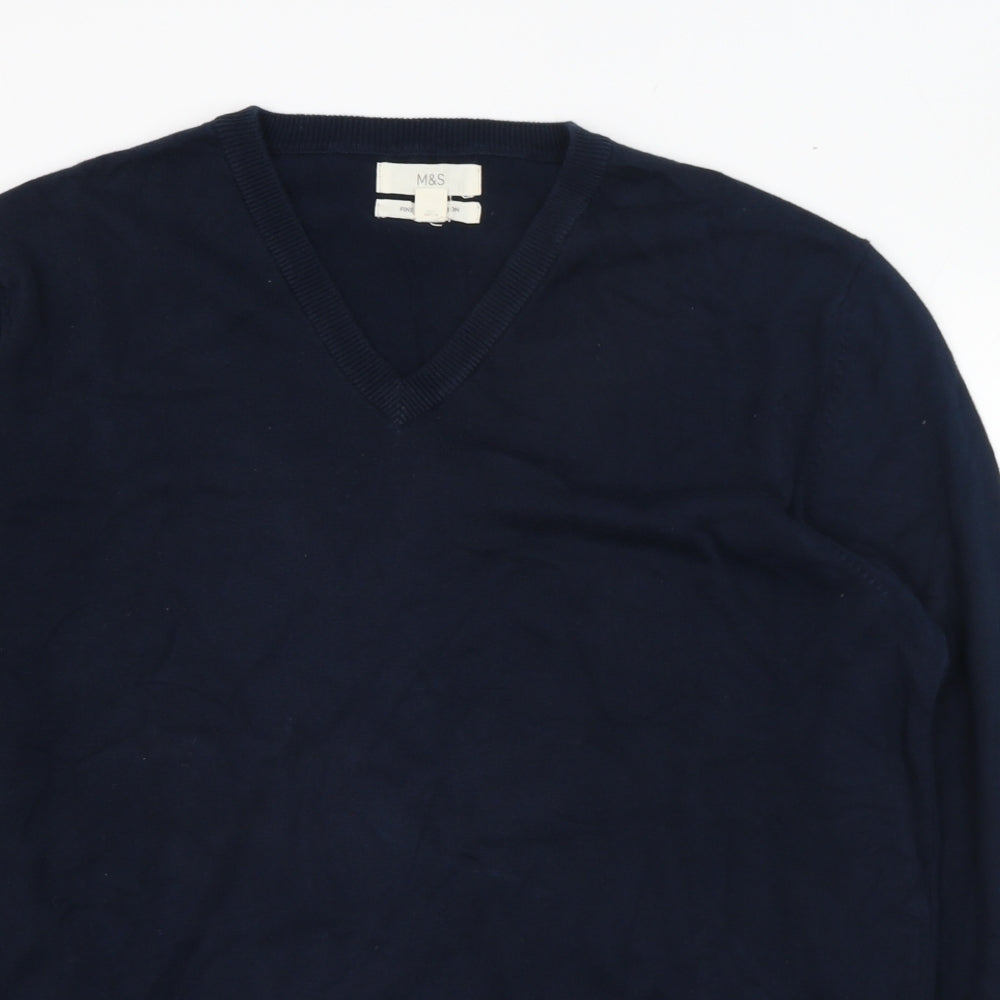 Marks and Spencer Mens Blue V-Neck  Cotton Pullover Jumper Size L