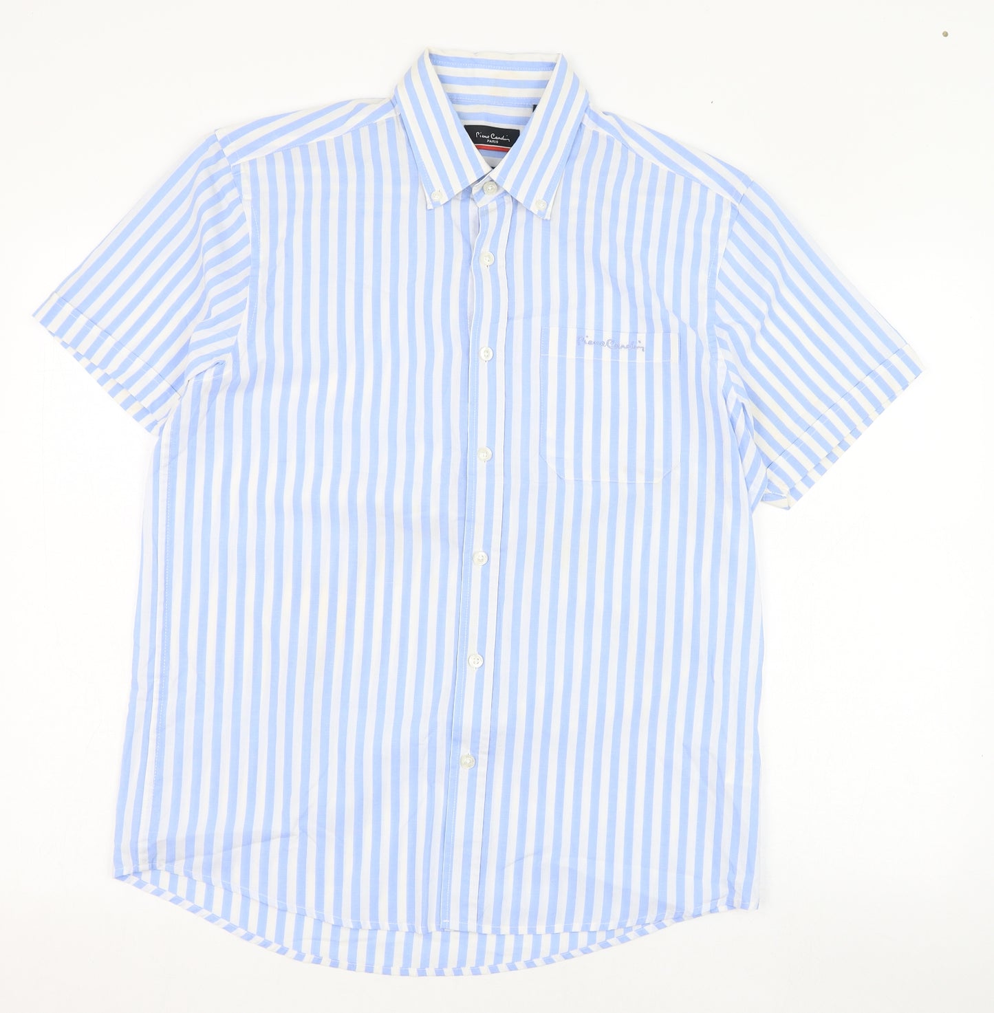Pierre Cardin Mens Blue Striped Cotton  Dress Shirt Size M Collared Button