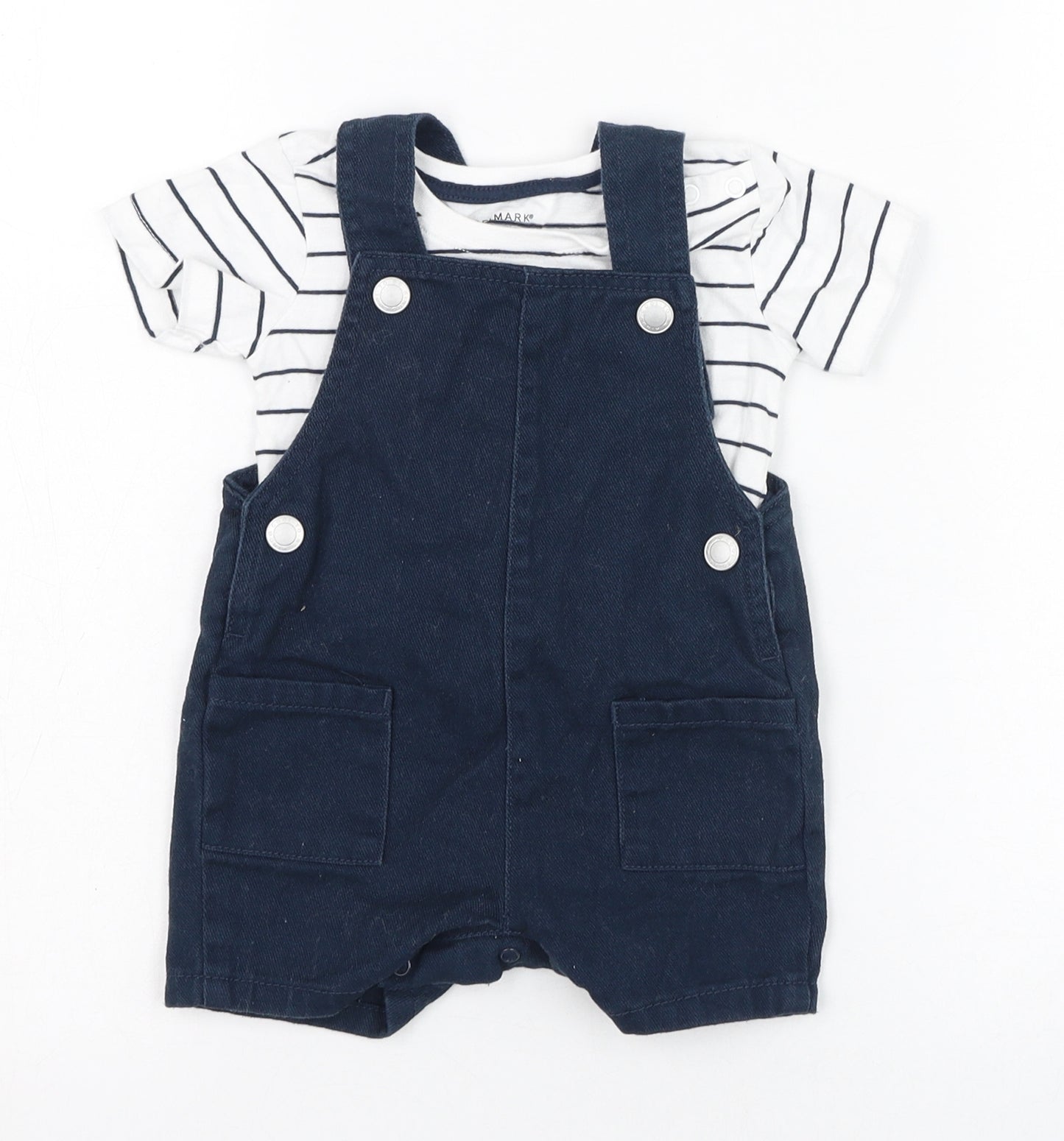 Primark Girls Blue Striped Cotton Dungaree Outfit/Set Size 6-9 Months  Button