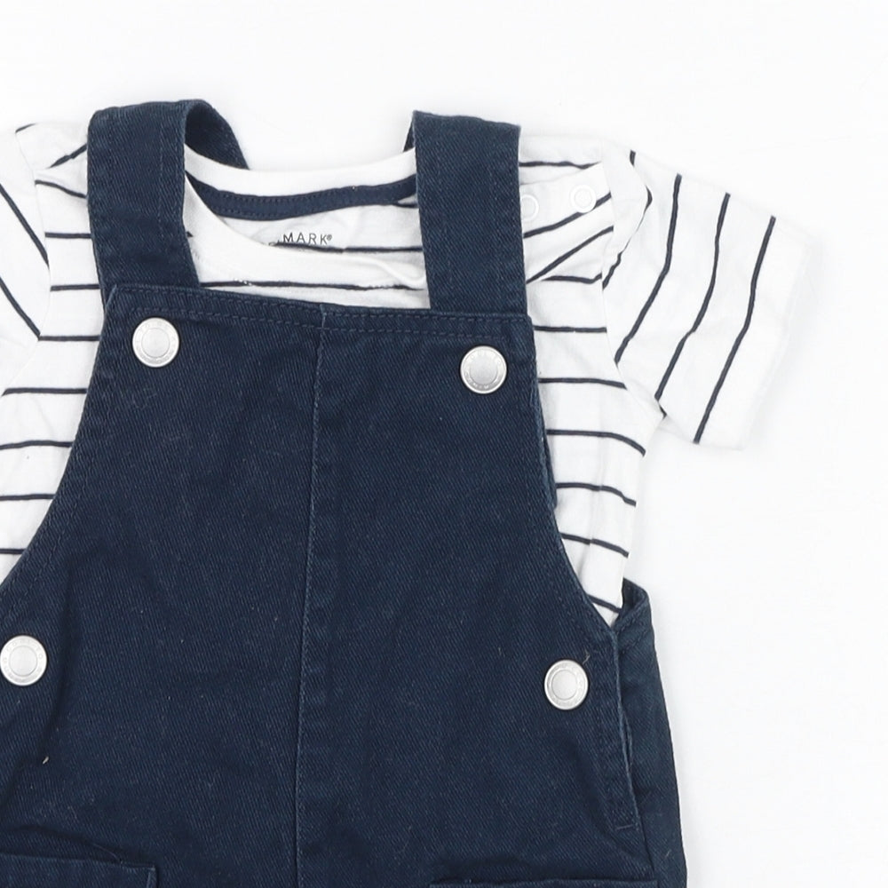 Primark Girls Blue Striped Cotton Dungaree Outfit/Set Size 6-9 Months  Button