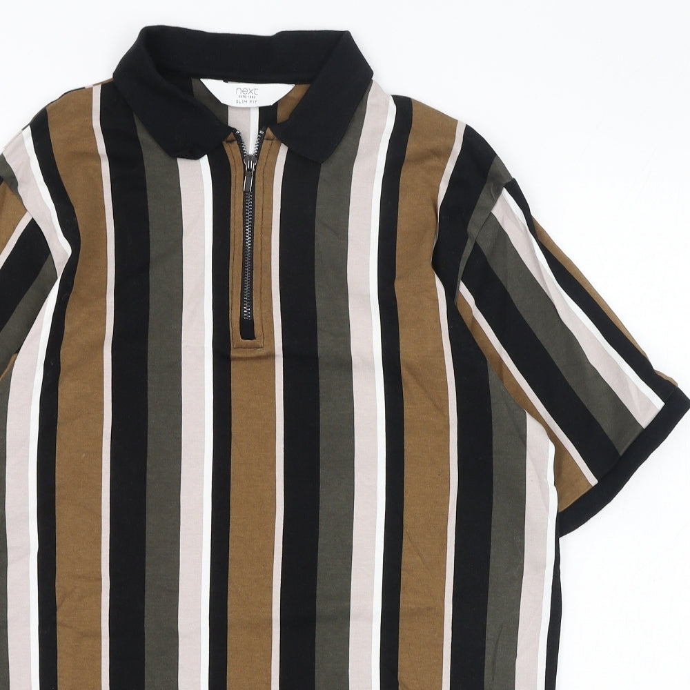 NEXT Mens Multicoloured Striped Cotton  T-Shirt Size S Collared