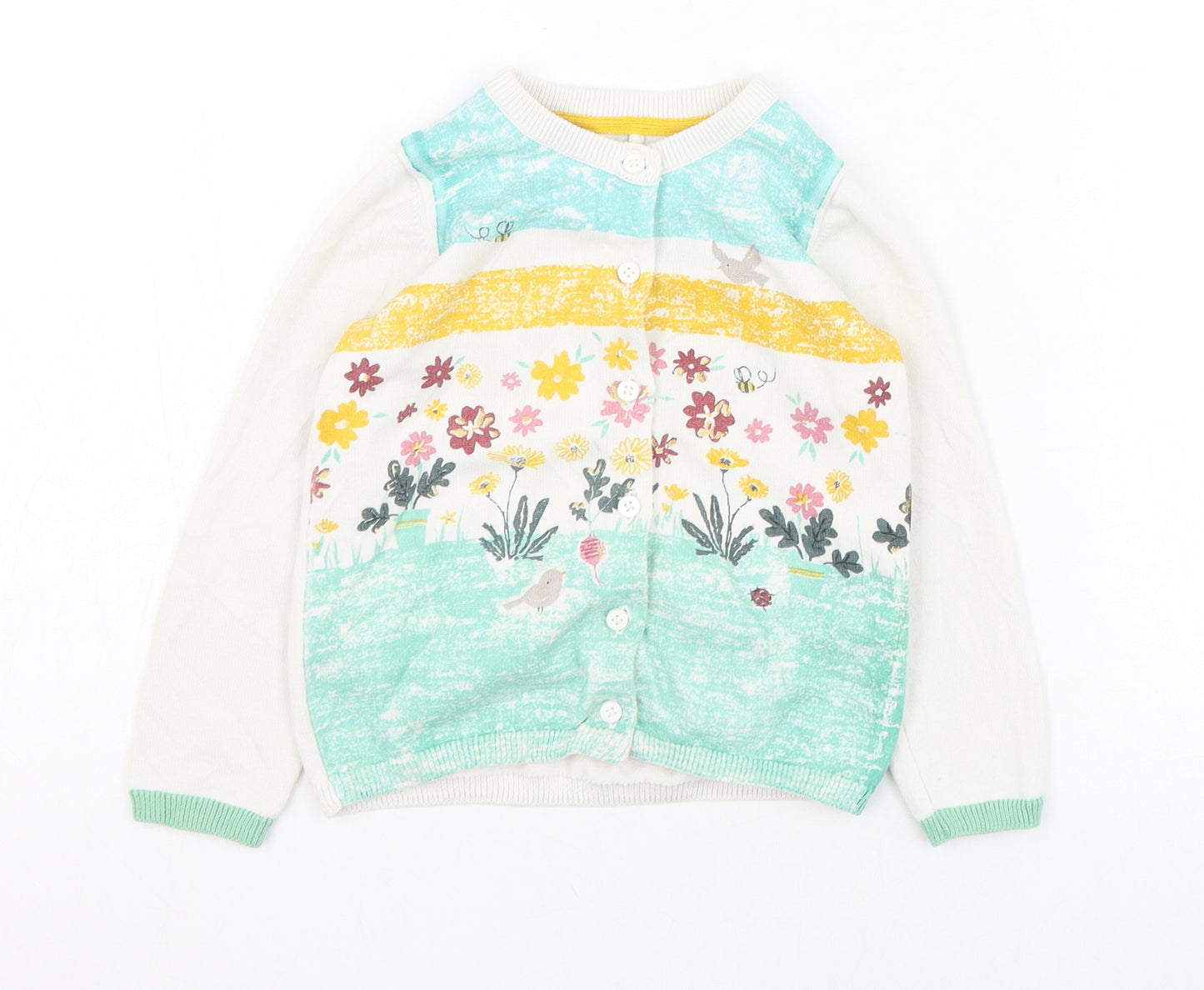 Marks and Spencer Girls Ivory Round Neck  Cotton Cardigan Jumper Size 3-4 Years  Button - Flower, Bee